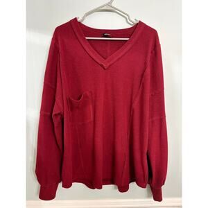 BTFBM Women’s Oversized V-Neck Long Sleeve Top – Wine Red